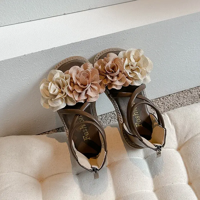 2025 Girls Sandals Summer New Flower Pearls Little Girl Princess Shoes Soft Bottom Non-slip Girl Kids Roman Sandals Shoes I03191