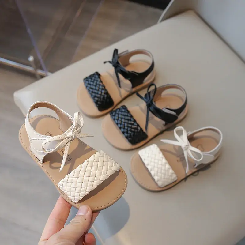 Bohemia Style Classic Fashion Open Toe Non-slip Children Shoes Girls Sandals Bowtie Braided Princess Summer Vacation Shoe I01081
