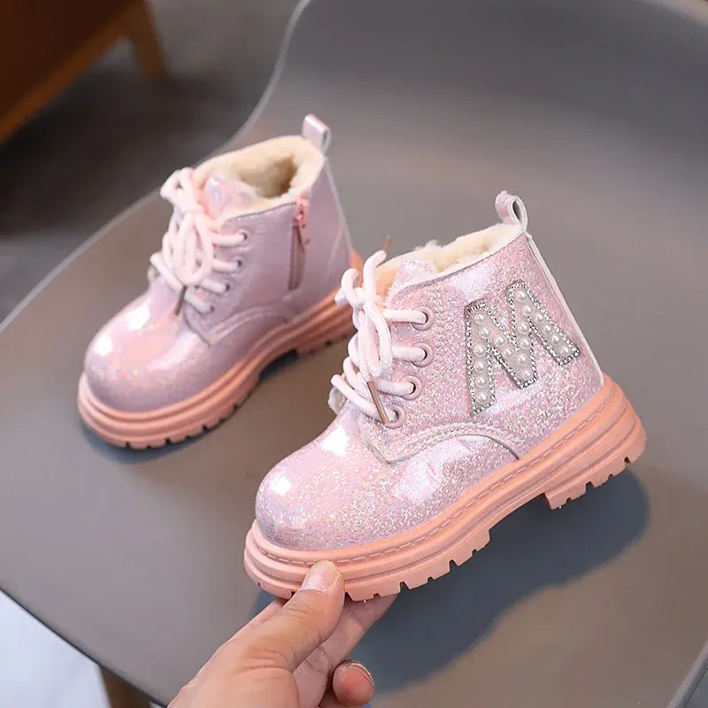 Toddler Kids Versatile Boots Winter Cozy Cotton Girls Snow Boots Waterproof Sparkly Little Children Plush Boots for Party I07258