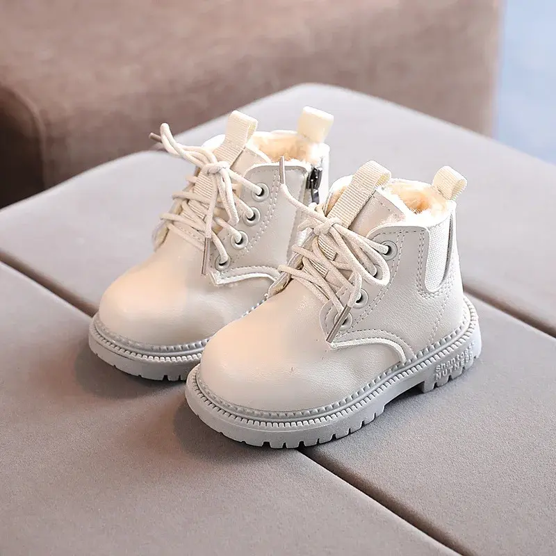 Velvet Chelsea Boots for Boys Girls Warm Casual Leather Short Boots Lace-up All-match Anti-slippery Children Ankle Boots I07191