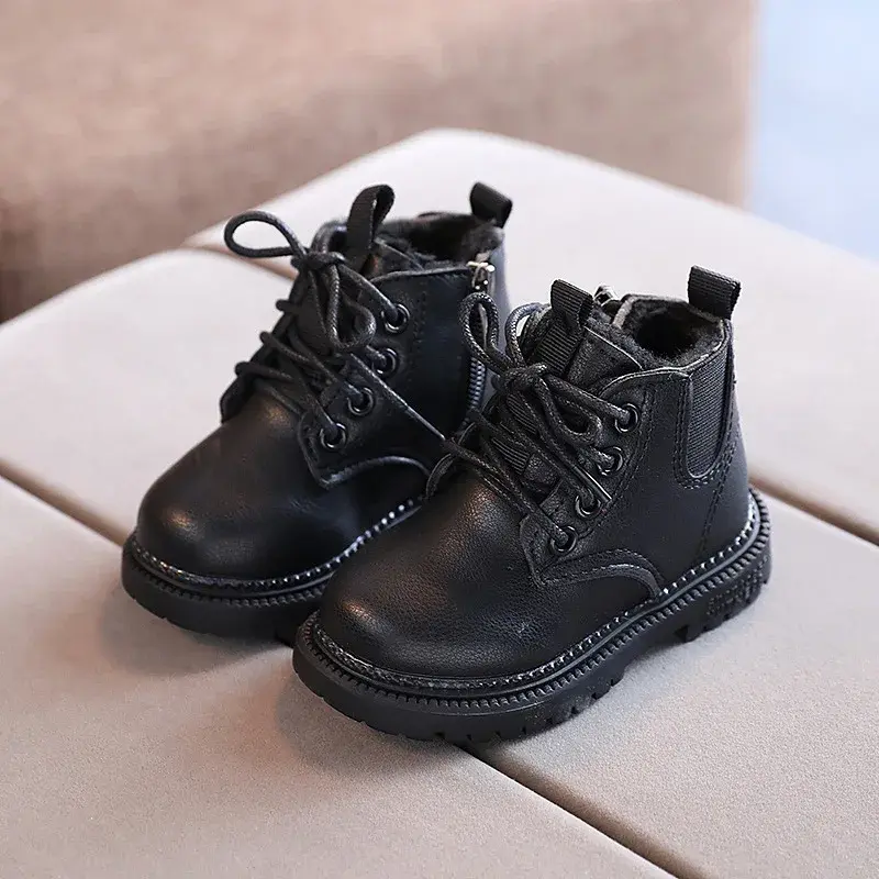 Velvet Chelsea Boots for Boys Girls Warm Casual Leather Short Boots Lace-up All-match Anti-slippery Children Ankle Boots I07191