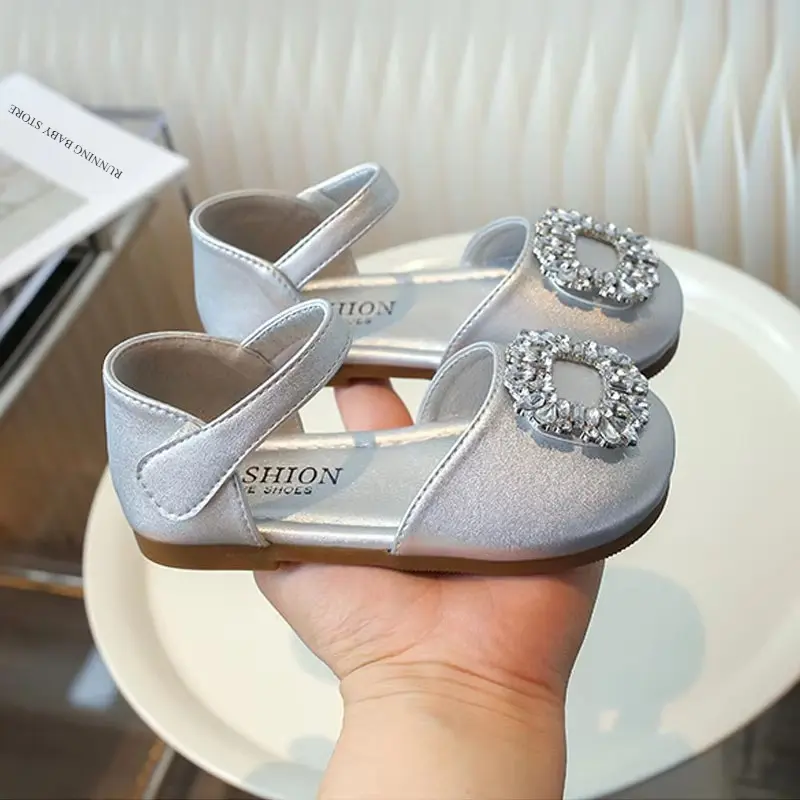 Rhinestone Square Buckle Princess Shoes Girl Summer Girls Sandals Toe-covered Anti-kick School Wedding Party Shoes Child I04163