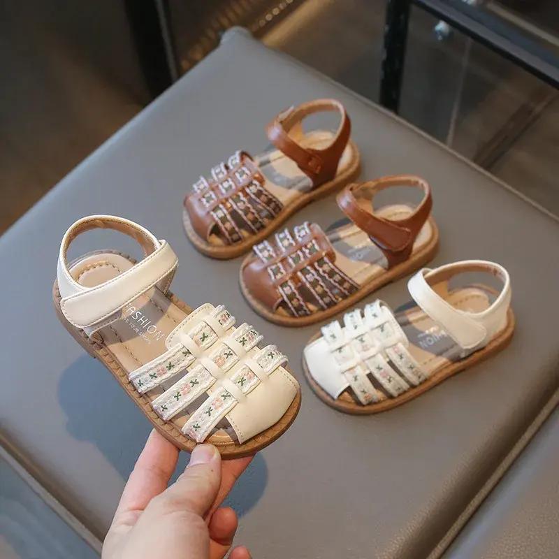 Summer Girl Sandals Woven Mesh Hollow Upper Embroidery Flowers Soft Bottom Non-slip Comfortable Breathable Children Shoes I03253