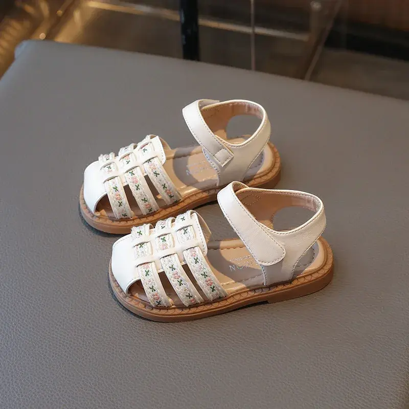 Summer Girl Sandals Woven Mesh Hollow Upper Embroidery Flowers Soft Bottom Non-slip Comfortable Breathable Children Shoes I03253