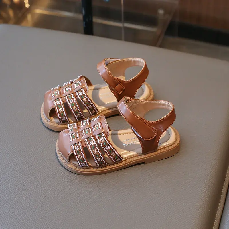 Summer Girl Sandals Woven Mesh Hollow Upper Embroidery Flowers Soft Bottom Non-slip Comfortable Breathable Children Shoes I03253