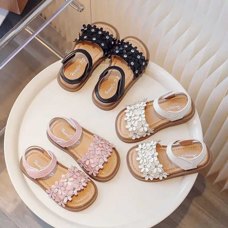 2025 Summer New Girls Casual Sandals Children's Soft Bottom Non-slip Beach Shoes Baby Appliques Flowers Fashion Sandals I04044