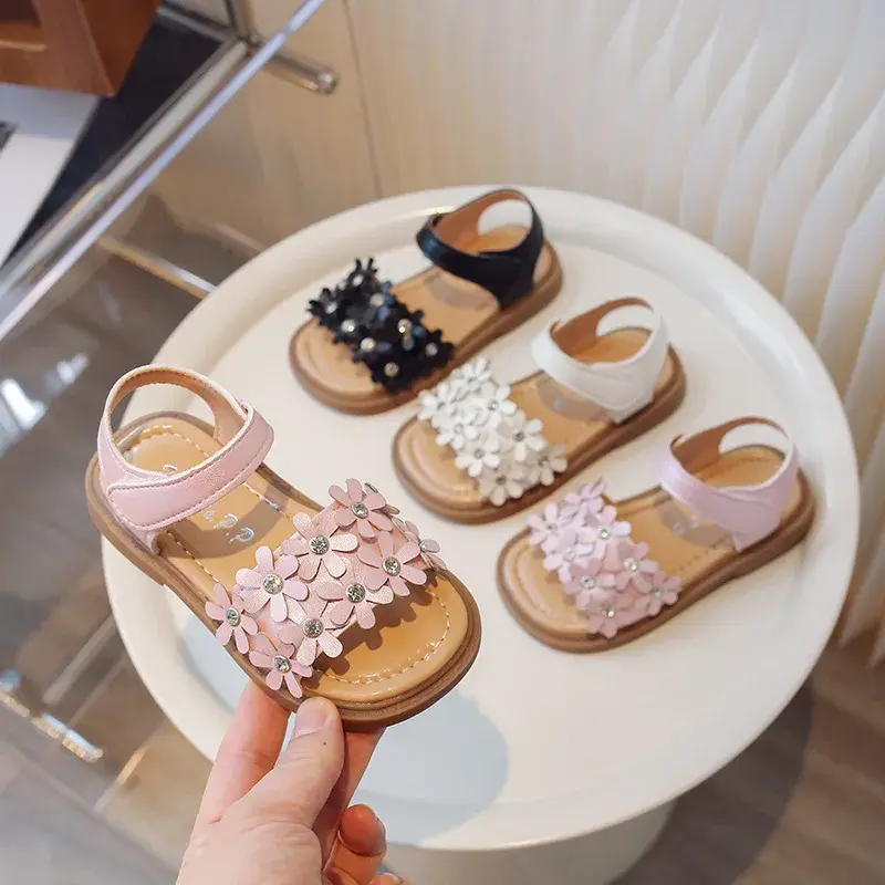 2025 Summer New Girls Casual Sandals Children's Soft Bottom Non-slip Beach Shoes Baby Appliques Flowers Fashion Sandals I04044