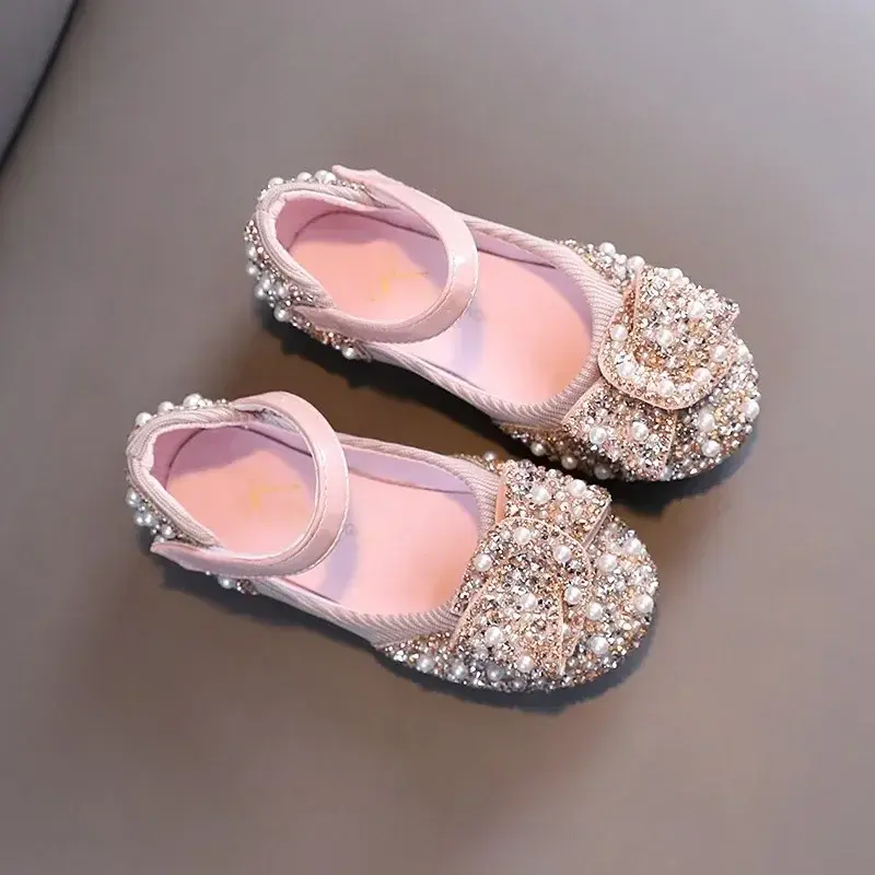 Children Shoes 2025 New Girls Princess Leather Shoes Pearls Rhinestones Shining Birthday Girls Party Wedding Kids Shoes I04214