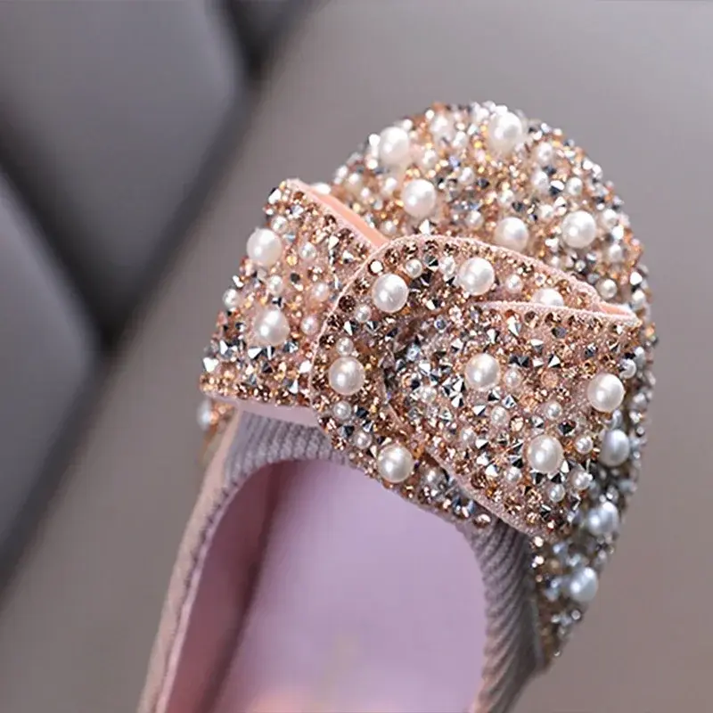 Children Shoes 2025 New Girls Princess Leather Shoes Pearls Rhinestones Shining Birthday Girls Party Wedding Kids Shoes I04214