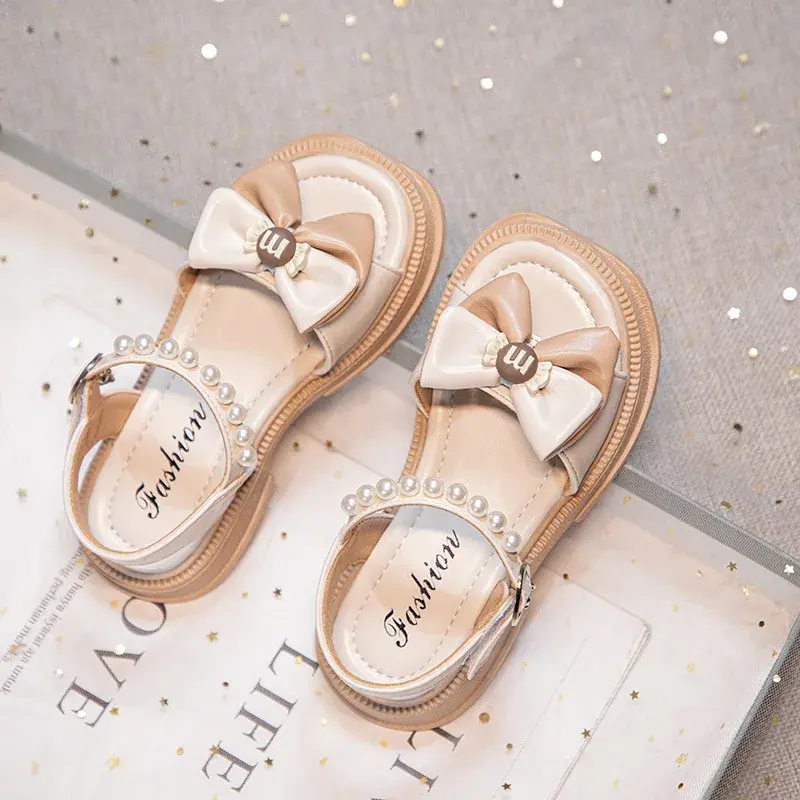 Butterfly-knot Baby Girl Sandals with Pearls Anti-slippery Summer Beach Shoes Kids Beaded Children Flat Sandals for Girls I04064
