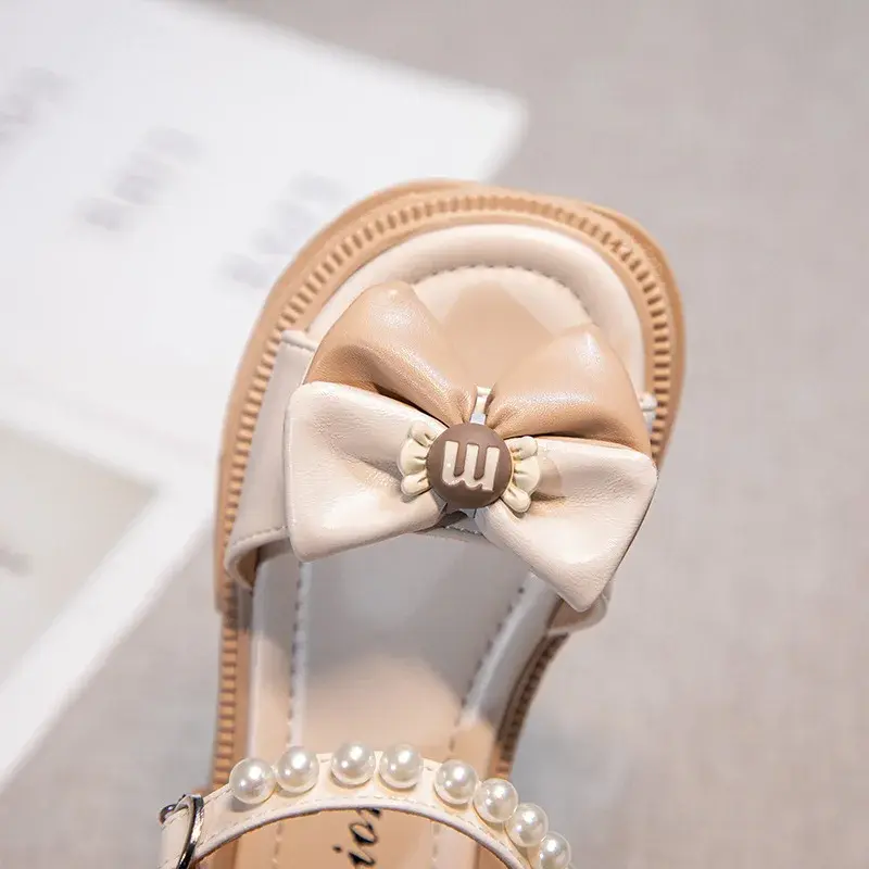 Butterfly-knot Baby Girl Sandals with Pearls Anti-slippery Summer Beach Shoes Kids Beaded Children Flat Sandals for Girls I04064