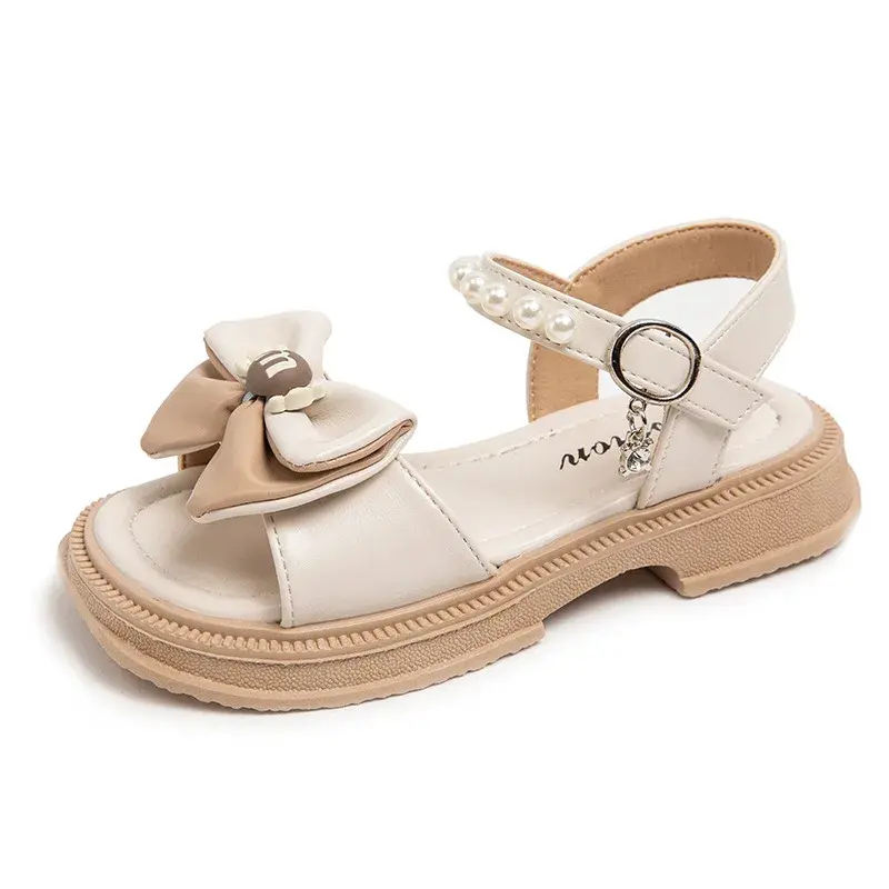 Butterfly-knot Baby Girl Sandals with Pearls Anti-slippery Summer Beach Shoes Kids Beaded Children Flat Sandals for Girls I04064