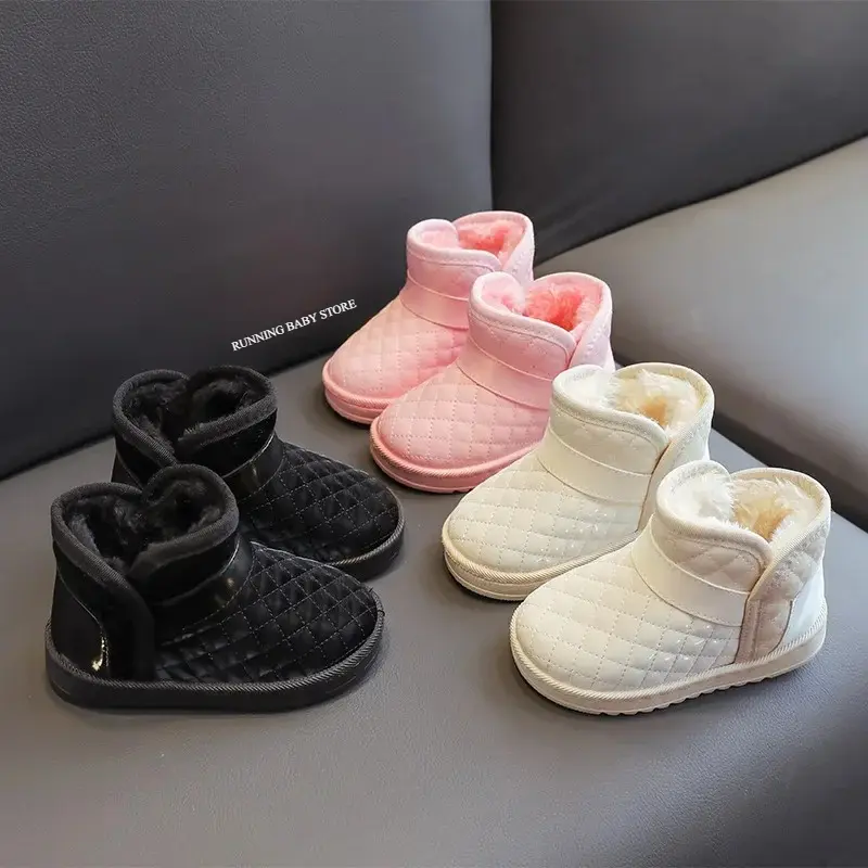 Super Warm Winter Kids Boots for Girls Fashion Waterproof Lattice Children Short Boots Plush Slip on Cotton Shoes Flats I07161