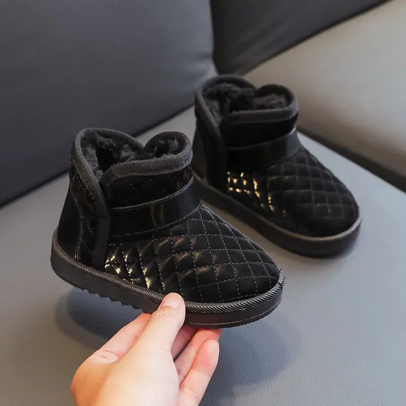 Super Warm Winter Kids Boots for Girls Fashion Waterproof Lattice Children Short Boots Plush Slip on Cotton Shoes Flats I07161