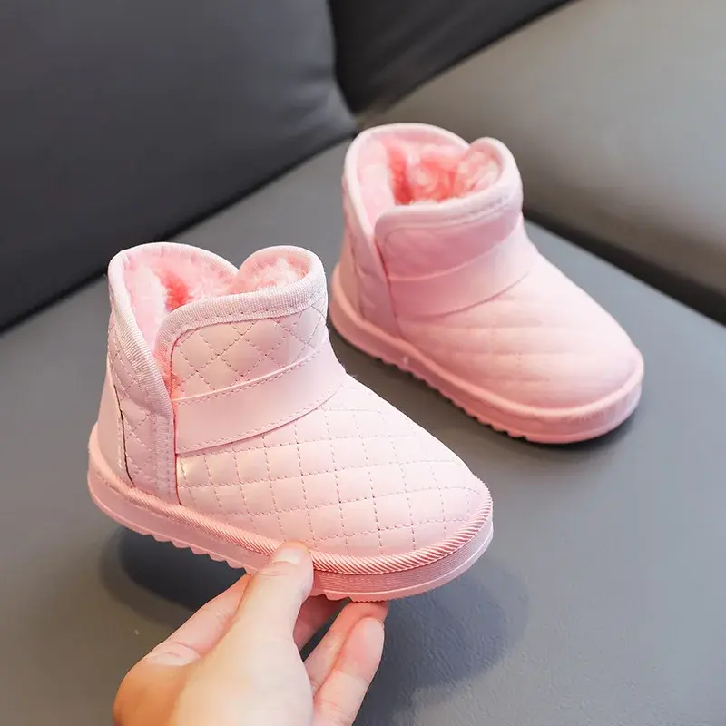 Super Warm Winter Kids Boots for Girls Fashion Waterproof Lattice Children Short Boots Plush Slip on Cotton Shoes Flats I07161