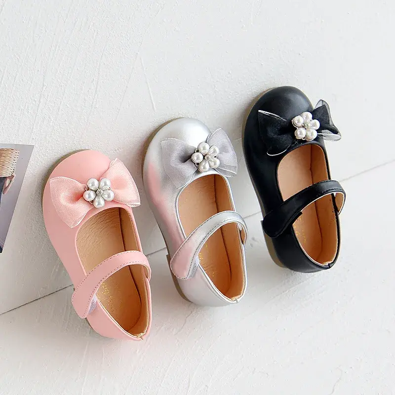 Girls Small Leather Shoes 2024 Spring New Fashion Children's Princess Dance Shoes Kid's Performance Pearl Shoes with Bow H01301