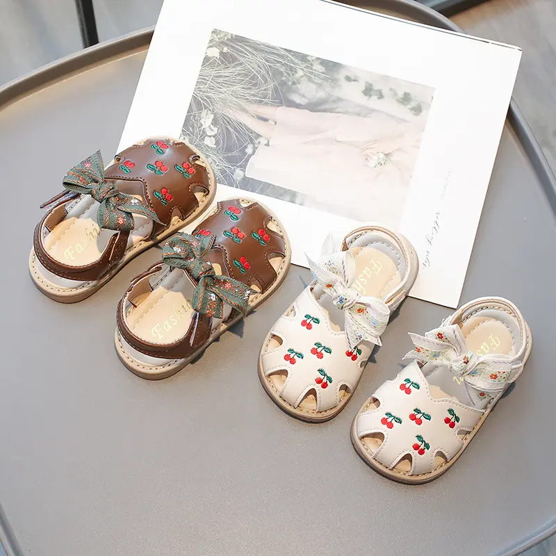 Cherry Print Summer Girls Sandals Hollow Breathable Comfortable Embroidered Bow-tie Soft Bottom Non-slip Children's Shoes H04163