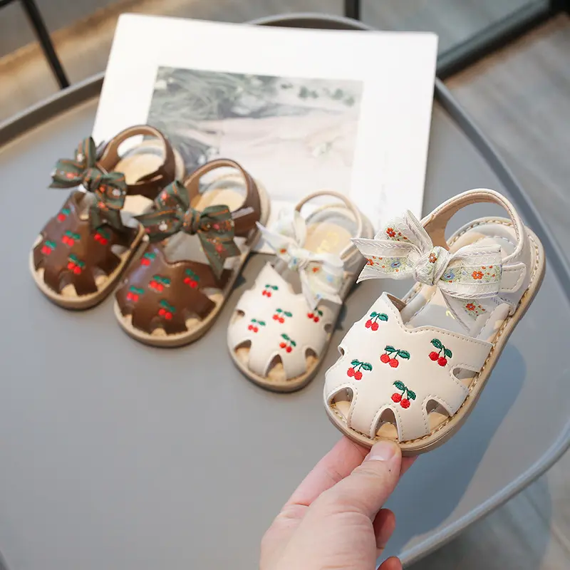 Cherry Print Summer Girls Sandals Hollow Breathable Comfortable Embroidered Bow-tie Soft Bottom Non-slip Children's Shoes H04163