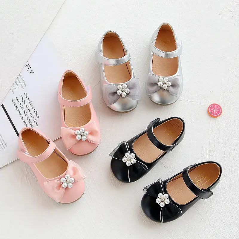 Girls Small Leather Shoes 2024 Spring New Fashion Children's Princess Dance Shoes Kid's Performance Pearl Shoes with Bow H01301