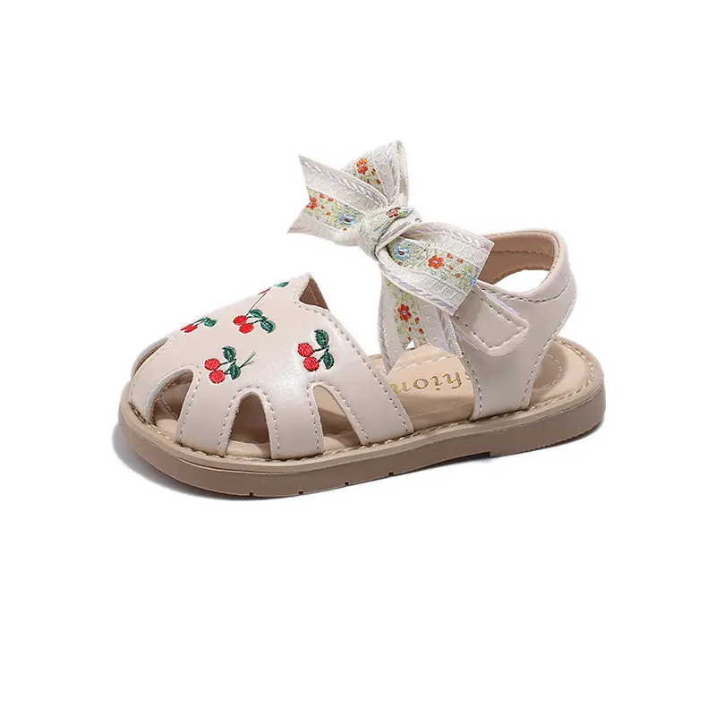 Cherry Print Summer Girls Sandals Hollow Breathable Comfortable Embroidered Bow-tie Soft Bottom Non-slip Children's Shoes H04163