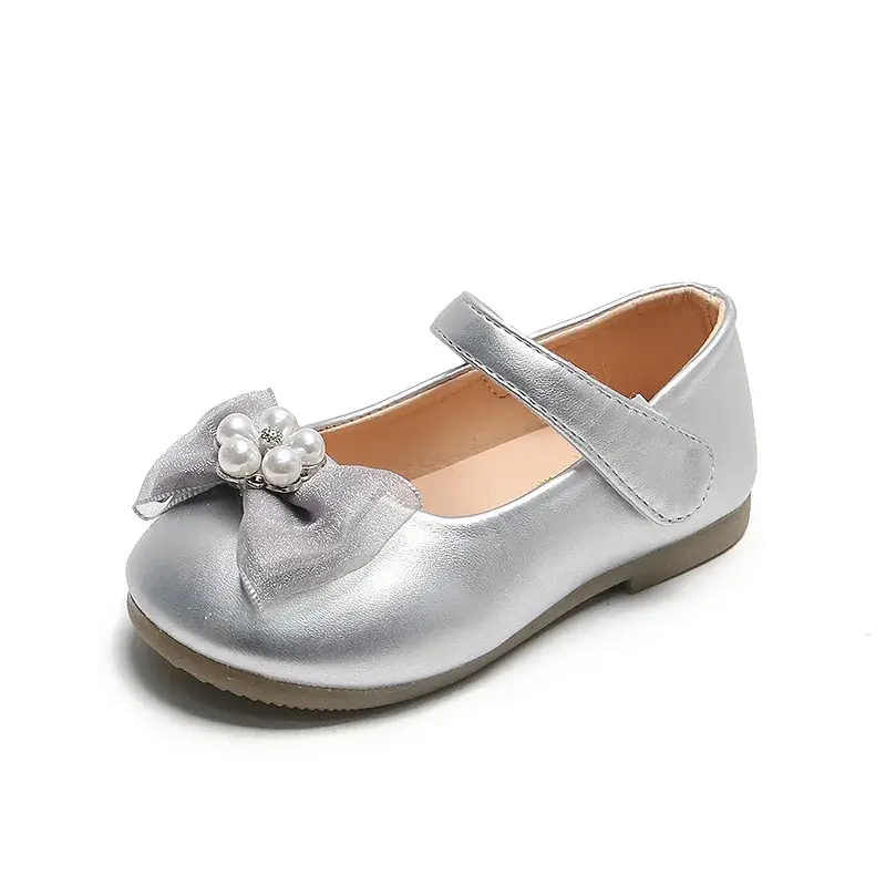 Girls Small Leather Shoes 2024 Spring New Fashion Children's Princess Dance Shoes Kid's Performance Pearl Shoes with Bow H01301