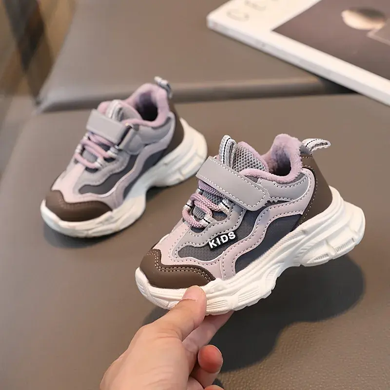 Winter Chunky Sneakers for Children Casual Running Shoes Girls Nice Stripes Boys Walking Shoes Plush Lined Kids Footwear H08103