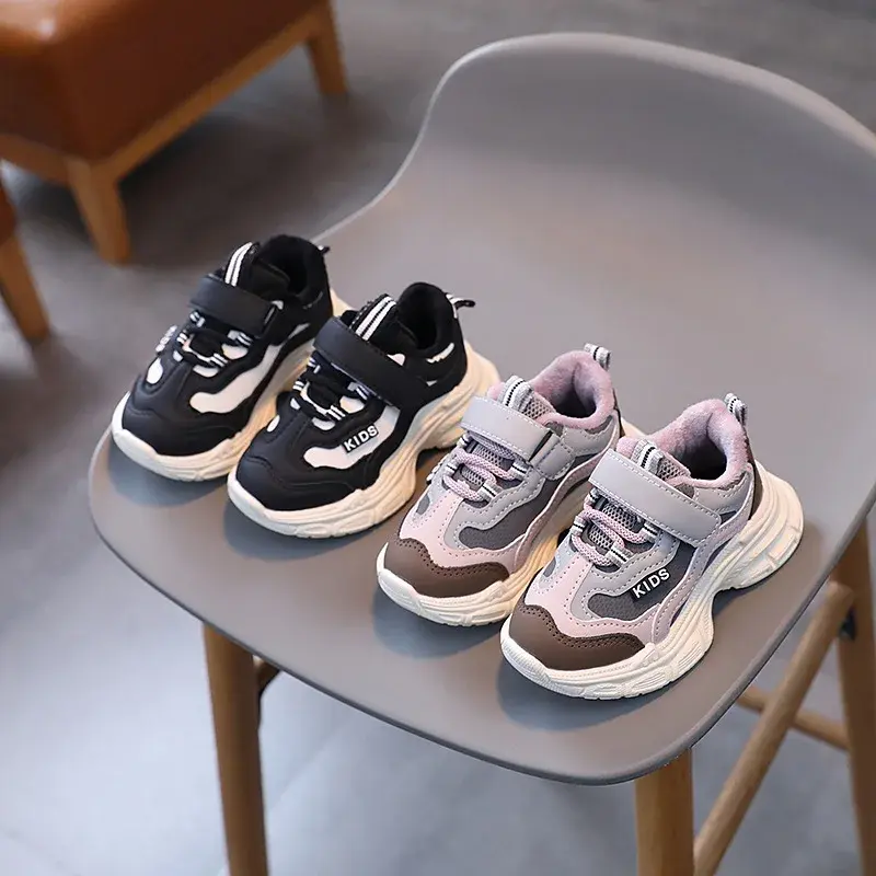 Winter Chunky Sneakers for Children Casual Running Shoes Girls Nice Stripes Boys Walking Shoes Plush Lined Kids Footwear H08103