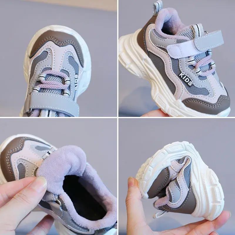 Winter Chunky Sneakers for Children Casual Running Shoes Girls Nice Stripes Boys Walking Shoes Plush Lined Kids Footwear H08103
