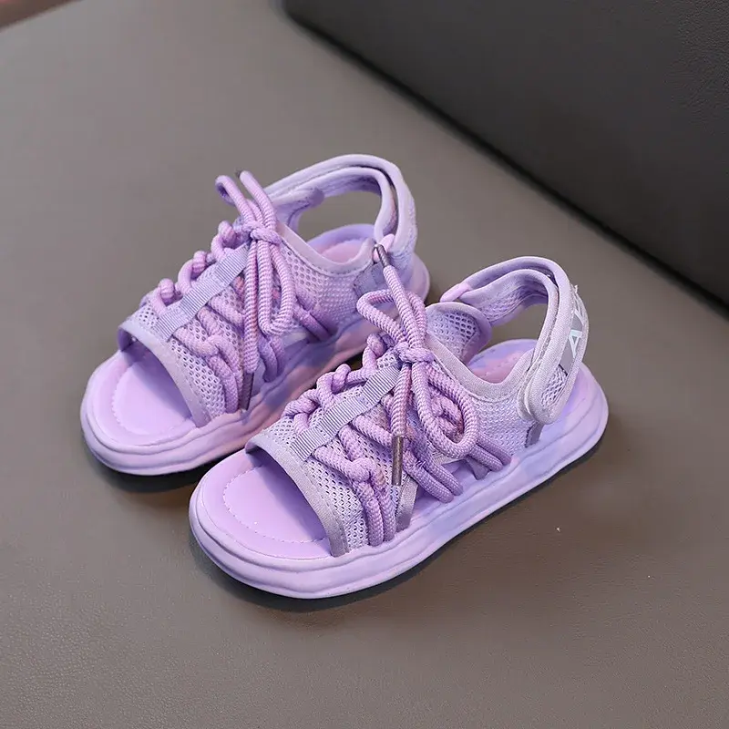 Lace Up Children White Sport Shoes Summer New Boys Breathable Mesh Sandals Purple Girls Non-slip Outdoor Casual Shoes Kid H01216