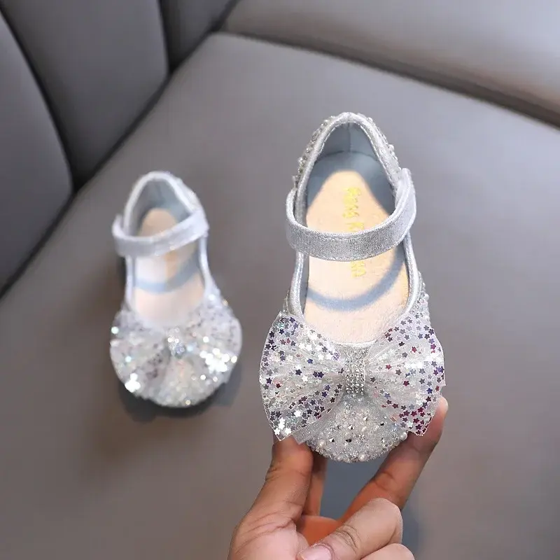 Bling Girls' Princess Single Shoes Student Cute Pearl Sequin Bow Leather Shoes Children's Flats Dance Performance Shoes I06188