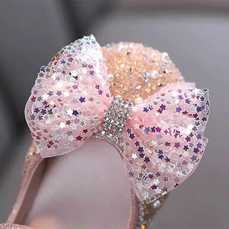 Bling Girls' Princess Single Shoes Student Cute Pearl Sequin Bow Leather Shoes Children's Flats Dance Performance Shoes I06188