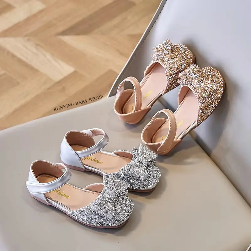 Faux Gemstones Shoes for Kids Girls Shining Crystal Girls Dress Shoes for Party and Wedding Bowtie Children Girl Sandals I04204