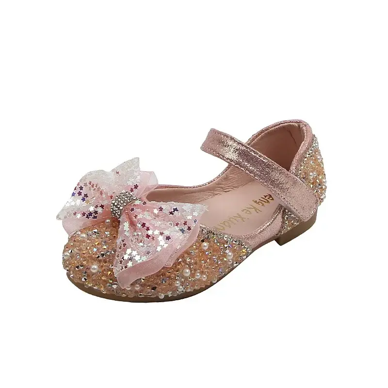 Bling Girls' Princess Single Shoes Student Cute Pearl Sequin Bow Leather Shoes Children's Flats Dance Performance Shoes I06188
