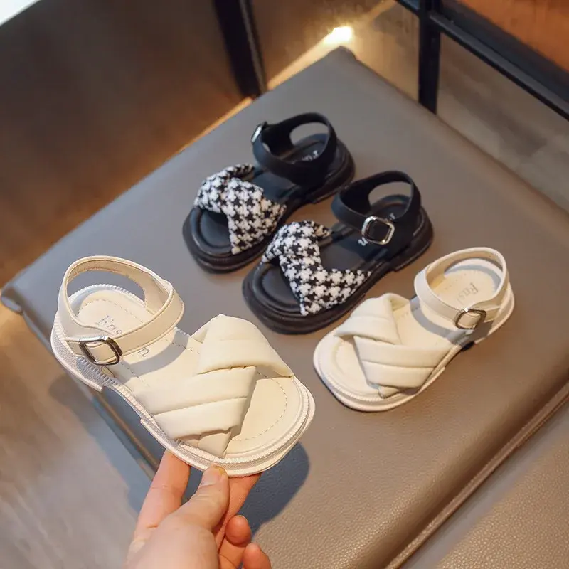 2024 Summer Children Sliders Cross-tied Houndstooth Morden Girl's Sandals Round Toe 23-36 Light Kids Platform Flat Shoes G12284