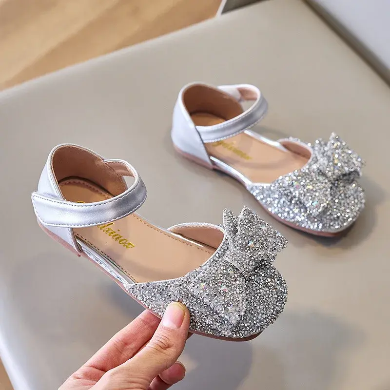 Faux Gemstones Shoes for Kids Girls Shining Crystal Girls Dress Shoes for Party and Wedding Bowtie Children Girl Sandals I04204