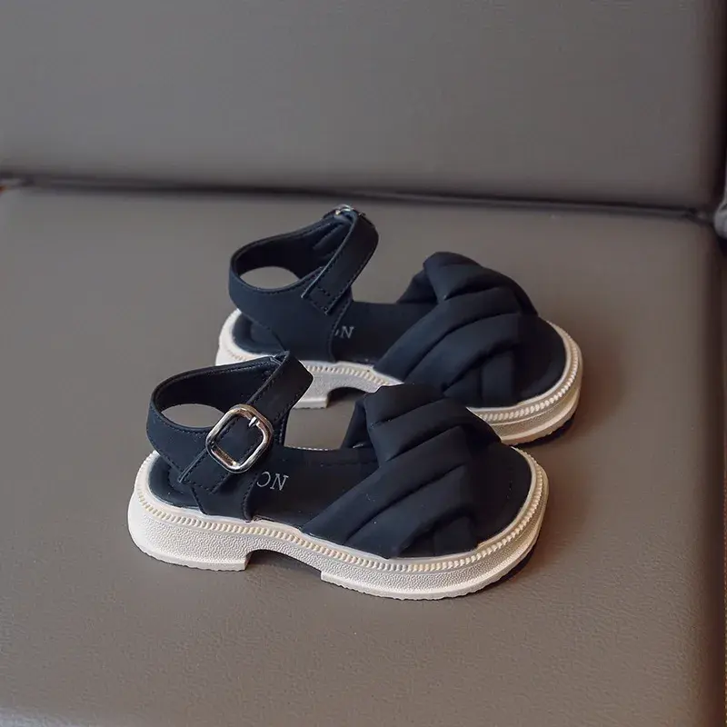 2024 Summer Children Sliders Cross-tied Houndstooth Morden Girl's Sandals Round Toe 23-36 Light Kids Platform Flat Shoes G12284