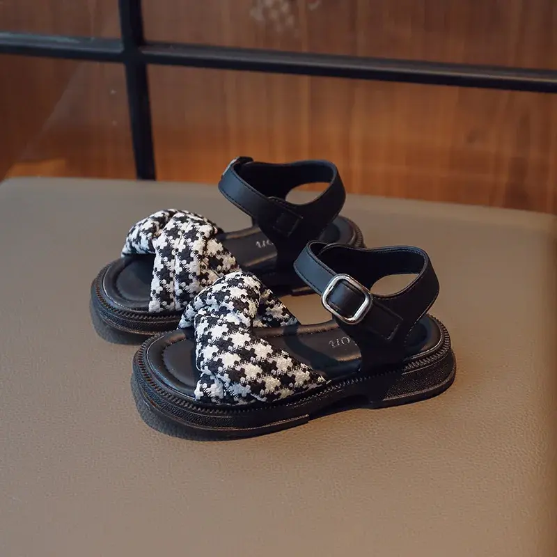 2024 Summer Children Sliders Cross-tied Houndstooth Morden Girl's Sandals Round Toe 23-36 Light Kids Platform Flat Shoes G12284
