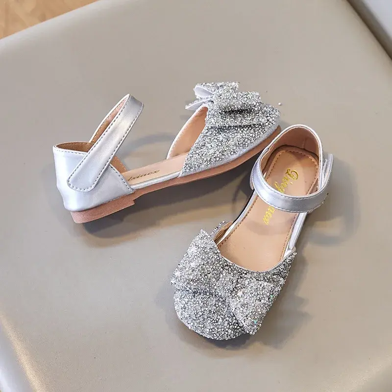Faux Gemstones Shoes for Kids Girls Shining Crystal Girls Dress Shoes for Party and Wedding Bowtie Children Girl Sandals I04204