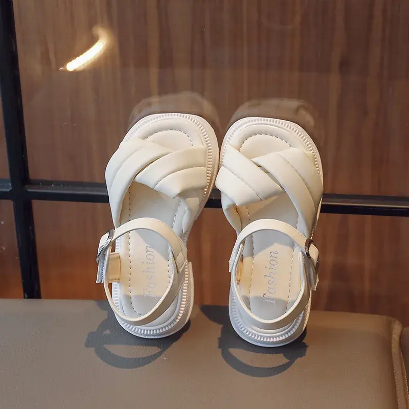 2024 Summer Children Sliders Cross-tied Houndstooth Morden Girl's Sandals Round Toe 23-36 Light Kids Platform Flat Shoes G12284