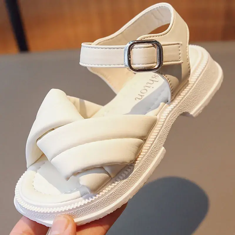2024 Summer Children Sliders Cross-tied Houndstooth Morden Girl's Sandals Round Toe 23-36 Light Kids Platform Flat Shoes G12284
