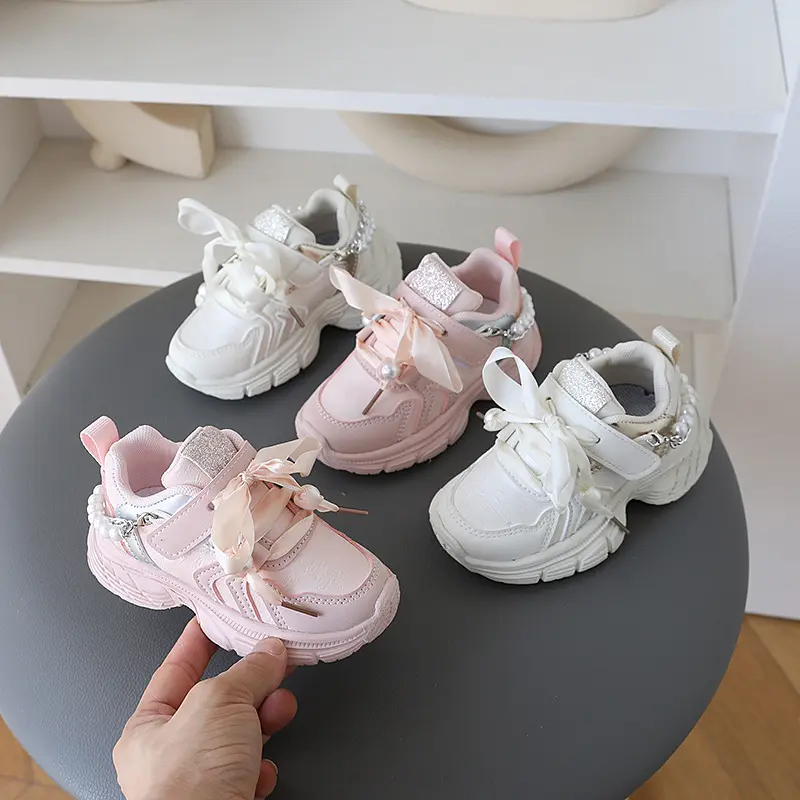 Chain Children Shoes Girls Sneaker Ribbons Kids Sports Shoes Trendy Pink Casual Daily Comfortable Running tennis Sneakers H06186