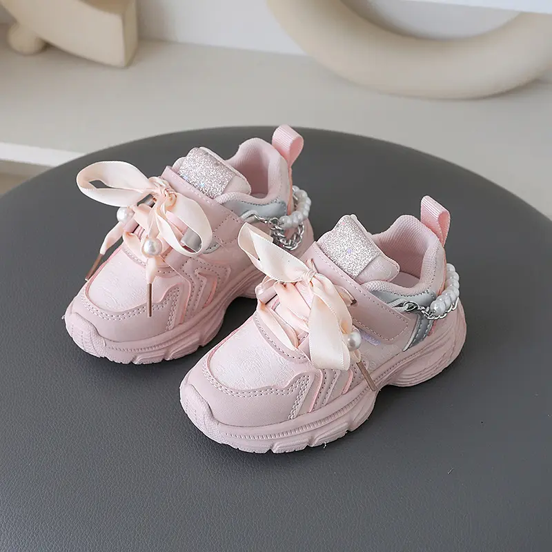 Chain Children Shoes Girls Sneaker Ribbons Kids Sports Shoes Trendy Pink Casual Daily Comfortable Running tennis Sneakers H06186