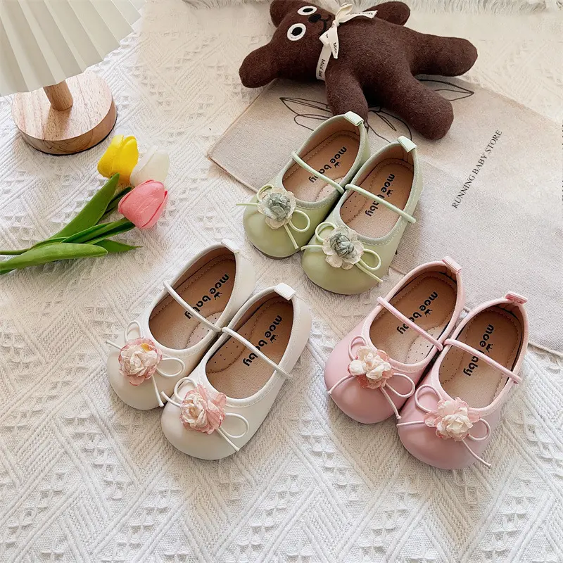 Children Leather Shoes Sweet Chic Princess Shoes for Girls Appliques Walking Causal Kids Fashion Shoes Non-slip Footwear I03182