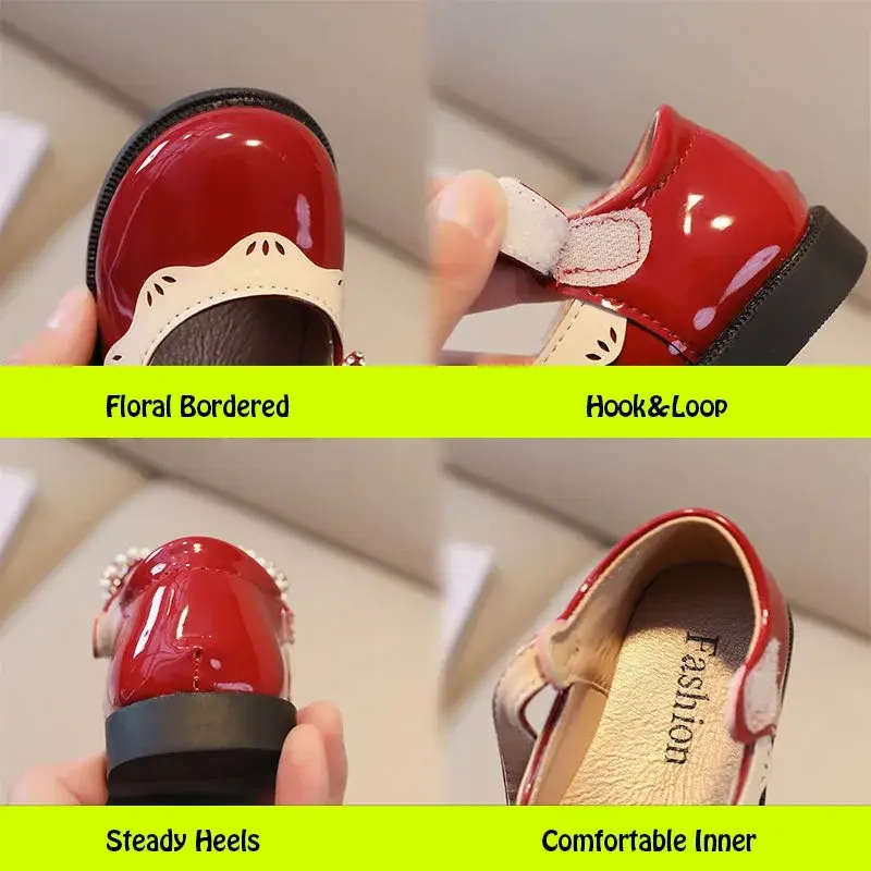 2024 Spring Summer Girl's Shoes Beading Bow-tie Baby Girl Shoes Crystal Princess Dress Shoes Bordered Children Footwear F02262