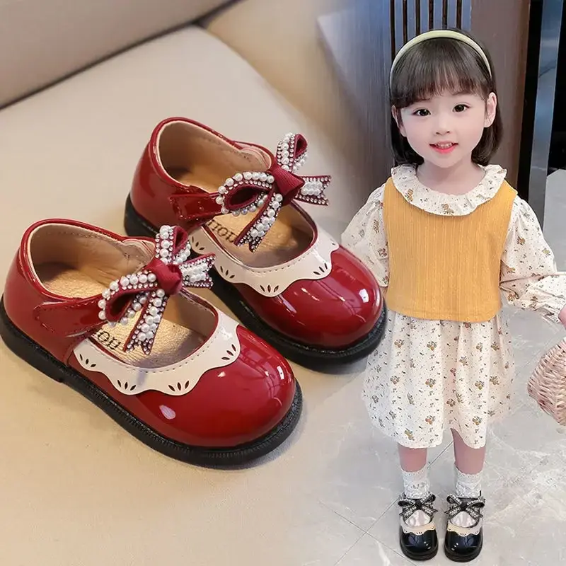 2024 Spring Summer Girl's Shoes Beading Bow-tie Baby Girl Shoes Crystal Princess Dress Shoes Bordered Children Footwear F02262
