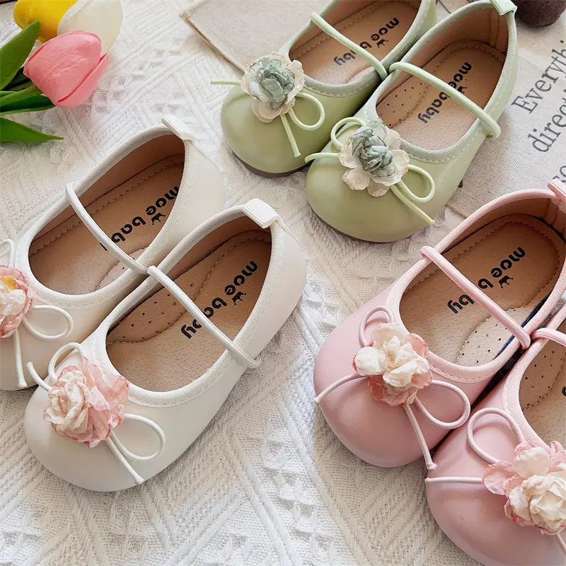 Children Leather Shoes Sweet Chic Princess Shoes for Girls Appliques Walking Causal Kids Fashion Shoes Non-slip Footwear I03182