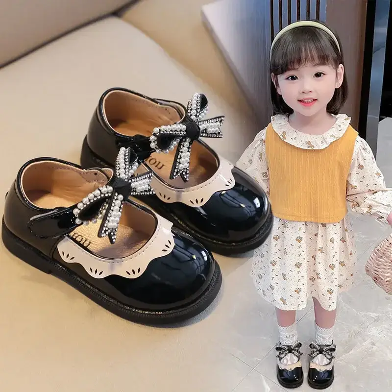 2024 Spring Summer Girl's Shoes Beading Bow-tie Baby Girl Shoes Crystal Princess Dress Shoes Bordered Children Footwear F02262