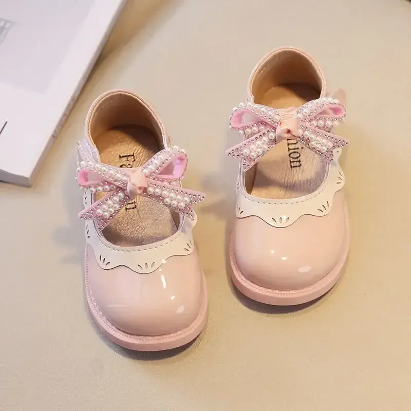 2024 Spring Summer Girl's Shoes Beading Bow-tie Baby Girl Shoes Crystal Princess Dress Shoes Bordered Children Footwear F02262