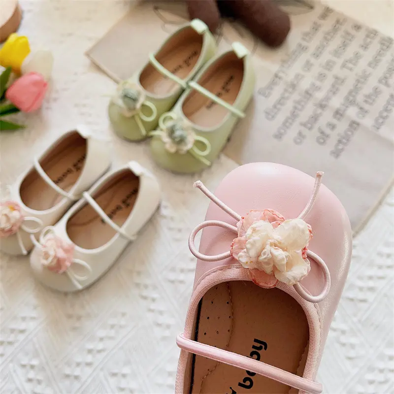 Children Leather Shoes Sweet Chic Princess Shoes for Girls Appliques Walking Causal Kids Fashion Shoes Non-slip Footwear I03182