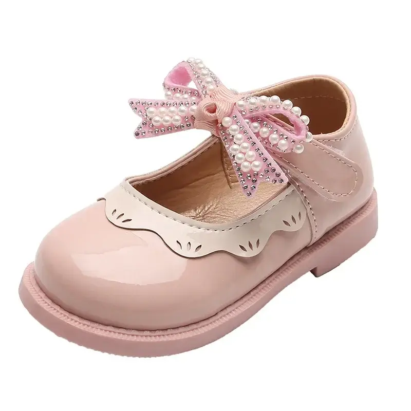 2024 Spring Summer Girl's Shoes Beading Bow-tie Baby Girl Shoes Crystal Princess Dress Shoes Bordered Children Footwear F02262